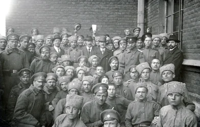 Soldiers of the Volinsky unit with non-commissioned officer T. L. Kirpichnikov and representatives of workers associations of England, St Petersburg, February 1917